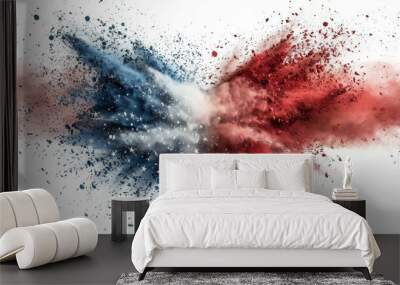 Vivid explosion of red, white, and blue powder particles creating a dynamic and colorful abstract image on a white background. Wall mural