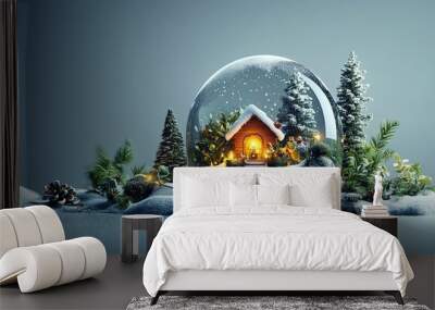 A charming snow globe featuring a cozy cabin surrounded by snow-covered trees and festive lights, evoking a warm holiday spirit. Wall mural