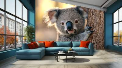 A close-up of a cute koala clinging to a tree, showcasing its soft fur and playful expression in a tranquil natural setting. Wall mural