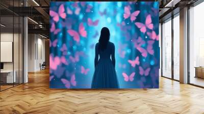 A serene silhouette of a woman amidst fluttering butterflies in a dreamy forest setting, evoking feelings of tranquility and wonder. Wall mural