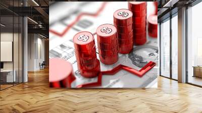 Red financial growth bars on a money background, representing economic success. Wall mural