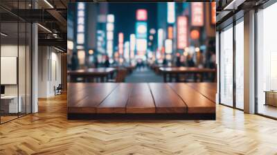 The empty wooden table top with blur background of japan night city Wall mural