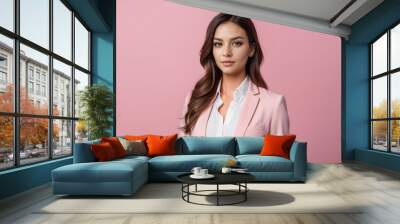 The serious frustrated young beautiful business woman on pink background. AI generative Wall mural