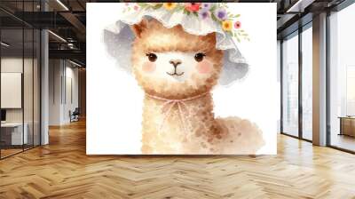 Adorable watercolor illustration of a cute alpaca wearing a floral hat, perfect for nursery decoration and children's art. Wall mural