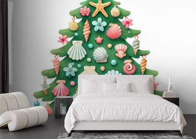 Christmas tree decorated with seashells and starfish, combining festive holiday spirit with coastal and beach theme elements. Wall mural