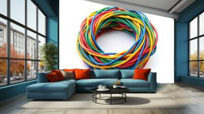 A colorful rubber band stretches to its limits, distorting into a perfect circle, demonstrating its flexibility and elasticity on a clean white background. Wall mural