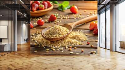 Golden steel cut oats spill from a rustic wooden spoon onto a worn wooden table, surrounded by scattered ingredients and soft, warm morning light. Wall mural