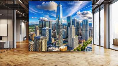 Modern skyscraper rises above Seattle's cityscape, its sleek glass and steel facade reflecting vibrant blue skies, showcasing urban progress and commercial grandeur. Wall mural