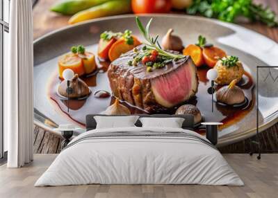 Savory beef tenderloin topped with seared foie gras, truffles, and Madeira wine reduction, served on a elegant plate with roasted vegetables and herbs. Wall mural