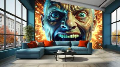 Startling close-up of a grotesque, warped face bursting into frame, illuminated by a flickering screen glow, sending shockwaves of fear and unease. Wall mural