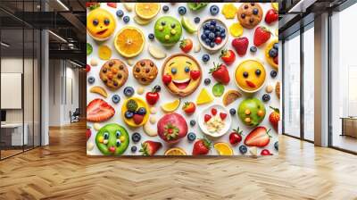 Vibrant colorful emojis of various fruits, desserts, and meals arranged together on a white background, ideal for social media posts, blogs, and food-related content. Wall mural