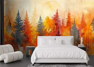 Vibrant watercolor forest of red and yellow trees interspersed with tall pine trees, capturing the beauty of autumn Wall mural