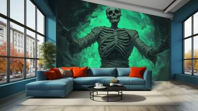 A captivating skeletal figure surrounded by an eerie green glow, perfect for Halloween or spooky themes. Wall mural