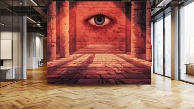 A captivating space featuring a large eye on a brick wall, surrounded by ancient pillars and dramatic shadows. Wall mural