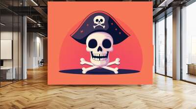 A cheerful pirate skull with a hat and crossbones on a vibrant orange background. Wall mural