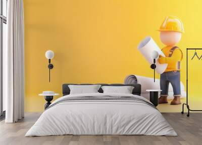 A construction figurine in a hard hat, analyzing blueprints against a bright yellow background, symbolizing planning and development. Wall mural