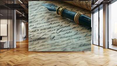 A detailed closeup of traditional literary papers with elegant handwriting on aged parchment, soft light, photorealistic, high resolution, historical literature 8K , high-resolution, ultra HD,up32K HD Wall mural