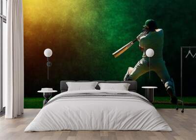 A dynamic cricket player prepares to strike the ball, showcasing skill and athleticism in a vibrant, colorful setting. Wall mural