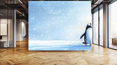 A family of penguins sliding on ice, with water splashing around, Watercolor, Cool tones, Playful Wall mural