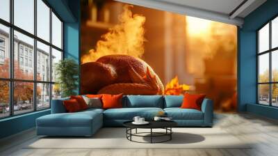 A golden, roasted turkey emits steam as the sun sets, creating a warm and inviting atmosphere in a cozy kitchen. Wall mural