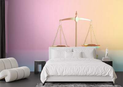 A golden balance scale resting on a stack of coins symbolizes finance and justice in a vibrant, soft-colored background. Wall mural