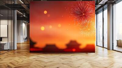 A large-scale fireworks display over the Forbidden City during a national celebration, bright and colorful, photorealistic, focus on festivity and national pride Wall mural