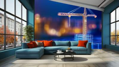 A modern construction crane against a blurred urban background, symbolizing development and engineering innovation. Wall mural