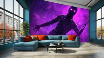 A mysterious figure shrouded in purple mist, evoking a sense of intrigue and darkness in a surreal environment. Wall mural