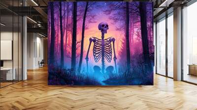 A mysterious skeleton in a vibrant forest at dusk, surrounded by colorful fog and trees, evoking a sense of eerie beauty. Wall mural