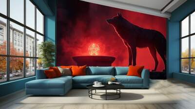 A mysterious wolf silhouette stands before a glowing red orb, surrounded by an ethereal mist, evoking a sense of magic and enchantment. Wall mural