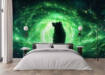 A mystical silhouette of a bear against a vibrant green cosmic backdrop, evoking a sense of wonder and adventure. Wall mural