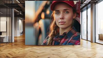 A powerful depiction of a beautiful young woman truck driver, standing next to her truck, representing the role of women in the transportation industry 8K , high-resolution, ultra HD,up32K HD Wall mural