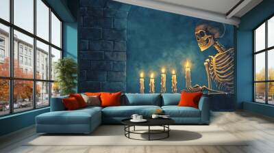 A serene skeleton sits by candlelight in a dark, gothic setting, contemplating existence in an intriguing, atmospheric scene. Wall mural