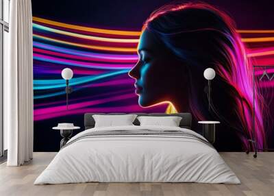 A silhouette of a woman with vibrant neon light trails representing creativity and inspiration. Wall mural