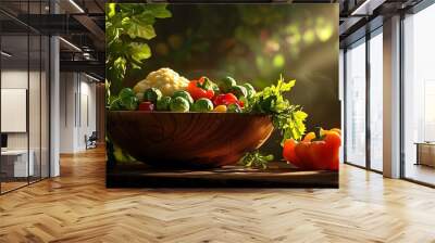 A vibrant bowl of fresh vegetables including peppers, tomatoes, and greens, beautifully arranged on a rustic wooden surface, illuminated by soft natural light. Wall mural