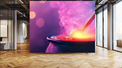 A vibrant cauldron bubbling with glowing liquid, surrounded by colorful light and magical steam, perfect for fantasy themes. Wall mural