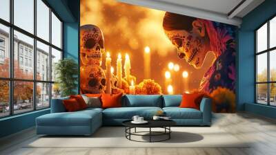 A vibrant celebration of life and death, featuring a woman adorned with colorful makeup and surrounded by candles and marigolds. Wall mural