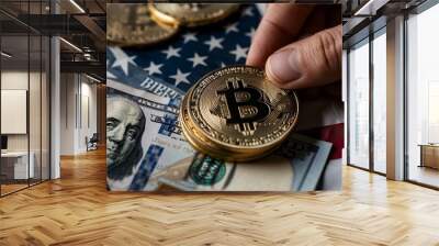 An artistic composition featuring Bitcoin coins on US dollar bills, set against the backdrop of the American flag, representing the intersection of digital and physical currency 8K , high-resolution,  Wall mural