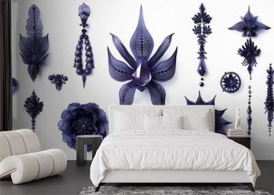 An artistic depiction of a set collection of purple delicate accessories for a fairy princess, painted in watercolor with a soft lavender color scheme, isolated on a white background Wall mural