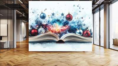 An open book surrounded by colorful holiday decorations and mesmerizing galaxy visuals for a festive theme. Wall mural