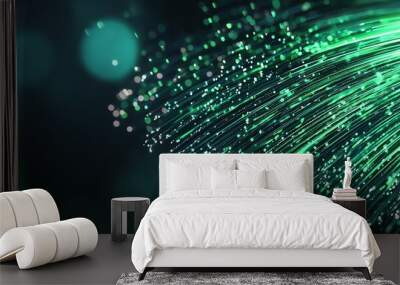 Close-up of illuminated fiber optic strands against a dark background, showcasing the beauty of modern technology and data transmission. Wall mural