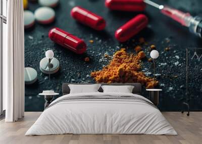 Close-up of various pills and a syringe on a dark background, illustrating issues related to drug use and addiction. Wall mural