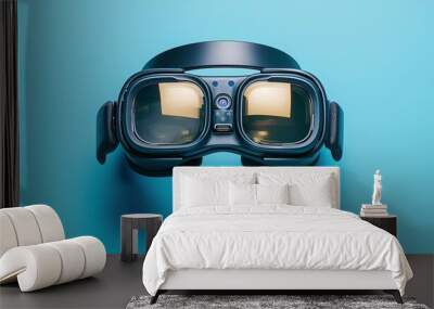 Close-up of virtual reality goggles on a bright blue background, showcasing modern VR technology and futuristic gadgets. Wall mural