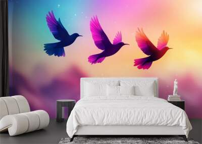 Colorful birds flying against a dreamy gradient background. Wall mural