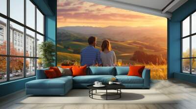 Couple taking a break during a scenic road trip, relaxing on a blanket with a picnic, warm sunlight and rolling hills in the background, Realistic, Bright colors, High detail, Countryside backdrop Wall mural