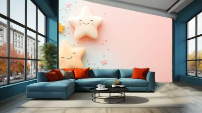 Cute stars with smiling faces, scattered across a soft pastel background, cheerful and playful design, with ample copy space for text Wall mural