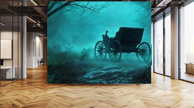 Eerie scene featuring a vintage carriage lost in a misty forest, evoking a sense of mystery and nostalgia. Wall mural