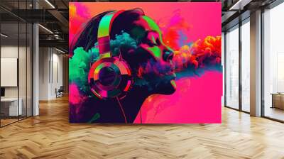 Exploding stereo headphones with a festive burst of colors, dust, and smoke, highlighted by vibrant light effects on pounding music beats, pulse, and bass, ready for party Wall mural