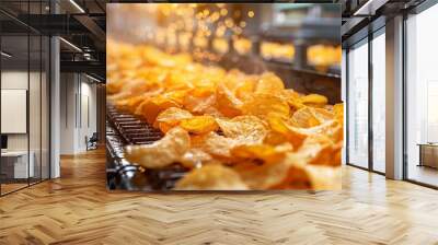 Freshly fried potato chips on a moving conveyor belt, detailed view of individual chips with visible bubbles and seasoning, food processing line with clean and bright factory setup, Photorealistic, Hi Wall mural