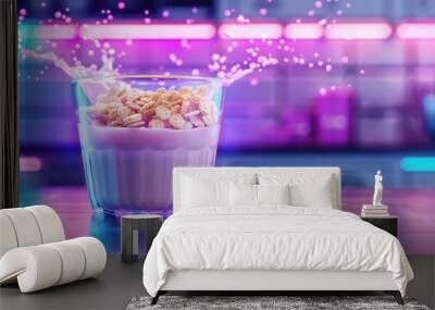 Futuristic kitchen with holographic cereal and milk splash, Scifi, Cool tones, 3D rendering, Advanced technology Wall mural